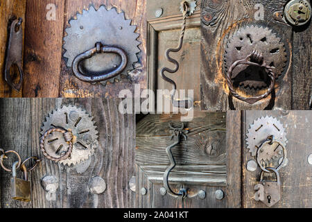 Door knockers and locks on old gates in Koprivshtica town, Bulgaria Stock Photo