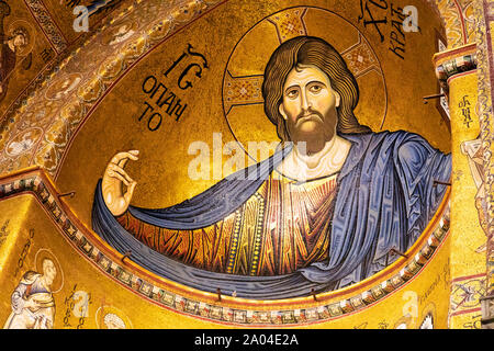 Ancient mosaic of Christ Pantocrator in Monreale cathedral, Italy Stock Photo