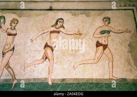 Antique roman bikini mosaic in Piazza Armerina, Sicily Stock Photo