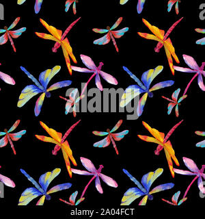 Watercolor hand drawn different color dragonflys in seamless pattern on black background. Design for textile, wallpaper, backgrounds and packaging. Stock Photo