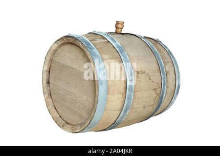 New oak barrel with young wine. Isolate on a white background. Winemaking and home brewing Stock Photo