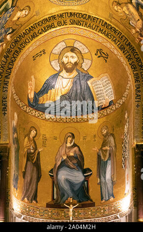 Main apse of Palatine chapel, in Palermo. Christ Pantocrator over Mary and saints, Stock Photo