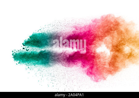 Colorful background of pastel powder explosion.Multi colored dust splash on white background.Painted Holi. Stock Photo