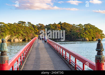 Fukuura Island with Fukuura Bridge in the famous Matsushima Bay. Beautiful islands covered with pine trees and rocks. One of the Three Views of Japan. Stock Photo