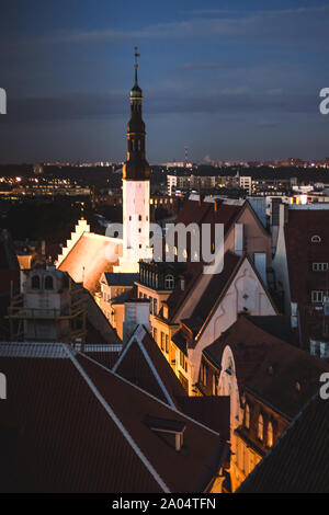 Panorama of the city of Tallinn, in the distance the Townhouse in Tallinn town in the evening. Estonia. Stock Photo