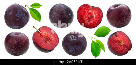 Plums with leaves isolated on white background with clipping path, collection Stock Photo