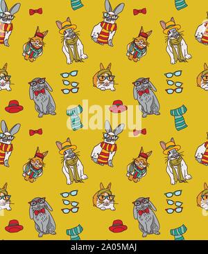 Cute fashion hipster rabbits pets seamless pattern. Color vector illustration EPS8 Stock Vector