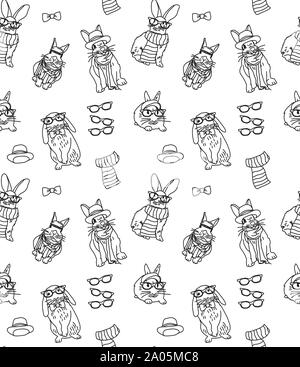 Cute fashion hipster rabbits pets black and white seamless pattern. Monochrome vector illustration EPS8 Stock Vector