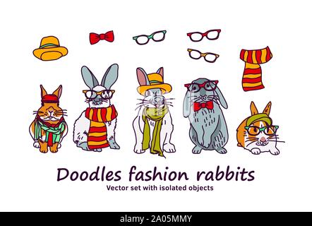 Doodles fashion rabbits pets isolated objects. Color vector illustration EPS8 Stock Vector
