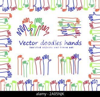 Hand arms doodles lines isolated objects and frame set. Color vector illustration EPS8 Stock Vector