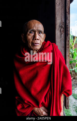 A Portrait Of A Buddhist Monk at Ywa Thit Monastery, Nyaung Shwe, Shan State, Myanmar. Stock Photo