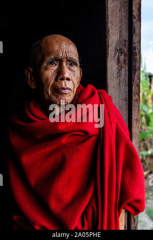 A Portrait Of A Buddhist Monk at Ywa Thit Monastery, Nyaung Shwe, Shan State, Myanmar. Stock Photo