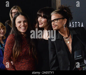 Cast member Liv Tyler (C) attends the premiere of the motion picture sci-fi thriller 'Ad Astra' with her sister Chelsea Tyler and father Steven Tyler at the ArcLight Cinerama Dome in the Hollywood section of Los Angeles on Wednesday, September 18, 2019. Storyline: Astronaut Roy McBride (Brad Pitt) travels to the outer edges of the solar system to find his missing father and unravel a mystery that threatens the survival of our planet. His journey will uncover secrets that challenge the nature of human existence and our place in the cosmos.  Photo by Jim Ruymen/UPI Stock Photo