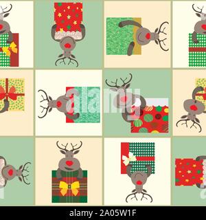 Fun cartoon reindeer in brown, red, green and gold holding presents. Patchwork geometric design. Seamless vector pattern on winter pastel color Stock Vector