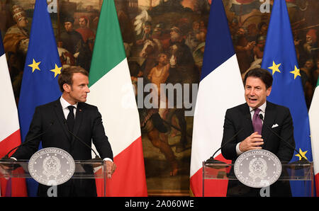 Rome, Italy. 18th Sep, 2019. French President Emmanuel Macron and Italian Prime Minister Giuseppe Conte speak to the media, in Rome, Italy, Sept. 18, 2019. Rome and Paris showed a willingness to move in a coordinated way after Italian Prime Minister Giuseppe Conte and French President Emmanuel Macron held talks late Wednesday on such key issues as immigration and instability in Libya. Credit: Alberto Lingria/Xinhua