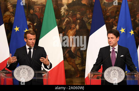 Rome, Italy. 18th Sep, 2019. French President Emmanuel Macron and Italian Prime Minister Giuseppe Conte speak to the media, in Rome, Italy, Sept. 18, 2019. Rome and Paris showed a willingness to move in a coordinated way after Italian Prime Minister Giuseppe Conte and French President Emmanuel Macron held talks late Wednesday on such key issues as immigration and instability in Libya. Credit: Alberto Lingria/Xinhua