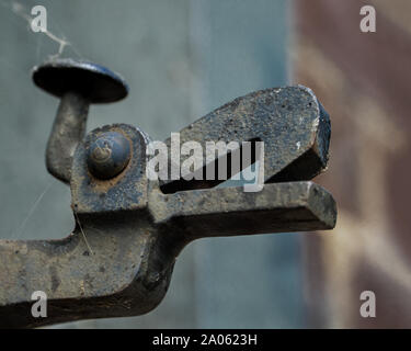 Old metal clamp attached to a wall outside a German industrial building with animal features Stock Photo
