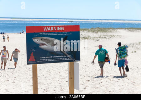 Shark warning sign in Chatham, Massachusetts. Stock Photo