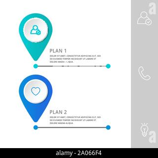 Vector modern infographic flat template pin for two paper label, diagram, graph, presentation. Business concept with 2 options and marks. Blank space Stock Vector