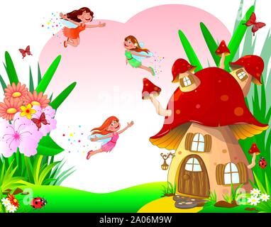 Happy little fairies fly among the flowers. Fairytale mushroom house, flowers, butterflies and ladybugs.