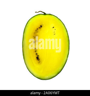 Half yellow watermelon on white background. Ripe summer sliced fruit with seeds. Refreshing juicy product, tasty seasonal vitamin. Vegetarian healthy Stock Photo