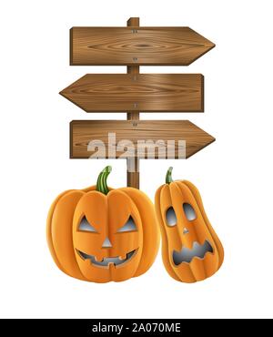 halloween wooden sign and pumpkins illustration Stock Vector