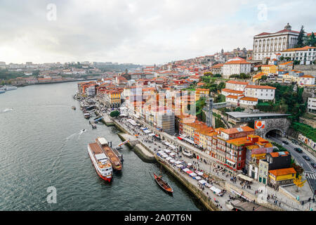 Porto, Portugal - December 2018: View from Dom Luis I Bridge overseeing the Ribeira area and the Douro River. Stock Photo