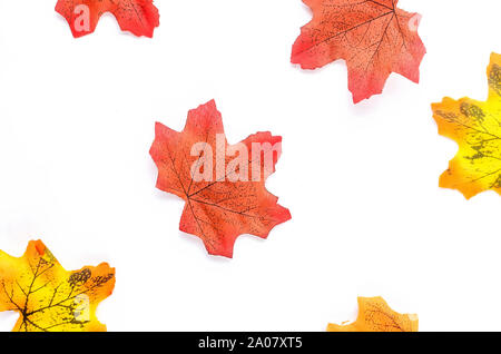 Bright colored red, orange and yellow fall dried leaves on white paper background, autumn concept, copy space Stock Photo