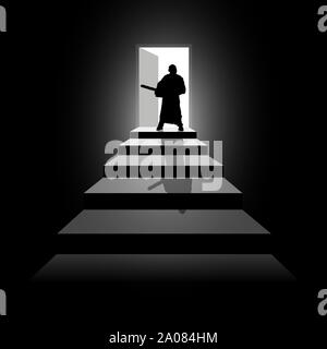 Vector illustration silhouette of a man at the door with a chainsaw. Stock Vector