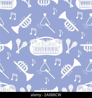 Vector seamless pattern with children's musical toys. Illustration with musical instruments. Maracas, synthesizer, trumpet, triangle and notes. Toys f Stock Vector