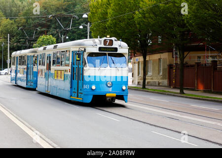 Gothenburg, Sweden - September 2, 2019: Blue tram class M29+M28 at the Aschebergsgatan street in service on line 7. Stock Photo