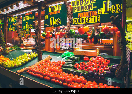 Rue Montorgueil is a market in the middle of Paris, a street full of store and restaurant,Paris, France Stock Photo