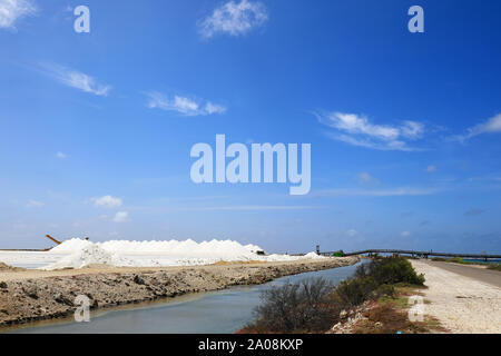 Sea salt harvesting on Bonaire island in the caribbean sea Stock Photo