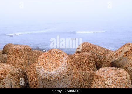 Tetrapod breakwaters in sea water seascape with concrete tetrapods for protect coastal structures from storm sea waves Stock Photo