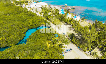 Ocean meets salt Water. Aerial view of Casa Cenote in Tulum, Quintana Roo, Mexico Stock Photo