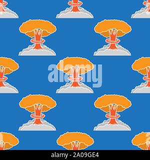 Nuclear Burst Seamless Pattern. Cartoon Bomb Explosion. Radioactive Atomic Power. Symbol of War. Big Mushroom Cloud. Stock Vector