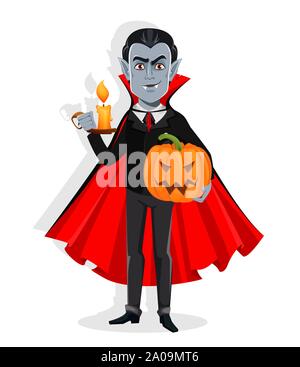 Happy Halloween. Handsome vampire cartoon character in cape holds pumpkin and candlestick with burning candle. Vector illustration on white background Stock Vector