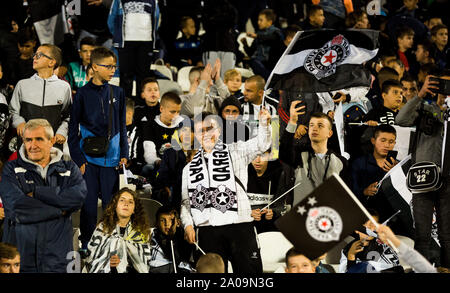 19th September 2019; Stadion FK Partizan, Belgrade, Serbia; Europa League Football, Partizan Belgrade versus AZ Alkmaar; A young fan of Partizan supports his team Stock Photo