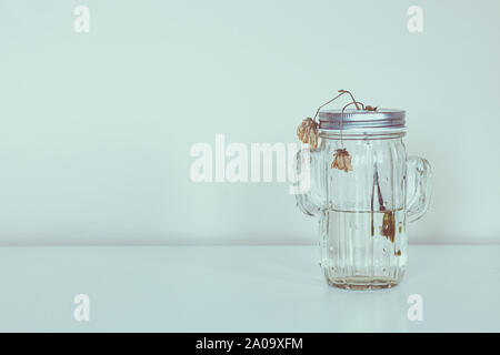 dead flowers in glass jar on white background Stock Photo