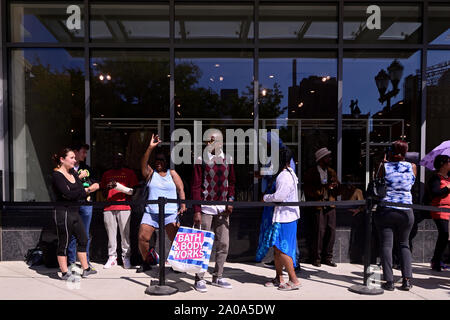 Philadelphia, United States. 19th Sep, 2019. People wait in line outside the Fashion District Philadelphia shopping destination on its opening day, September 19, 2019, in Philadelphia, PA. Pennsylvania Real Estate Investment Trust (PREIT) and Macerich developed the former Gallery Mall at MarketEast into a 420 million Dollar, 800,000-square-foot Center City located mall with up to 130 retail and entertainment spaces. Credit: OOgImages/Alamy Live News Stock Photo