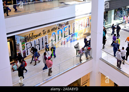 Philadelphia, United States. 19th Sep, 2019. People explore the Fashion District Philadelphia shopping destination on its opening day, September 19, 2019, in Philadelphia, PA. Pennsylvania Real Estate Investment Trust (PREIT) and Macerich developed the former Gallery Mall at MarketEast into a 420 million Dollar, 800,000-square-foot Center City located mall with up to 130 retail and entertainment spaces. Credit: OOgImages/Alamy Live News Stock Photo