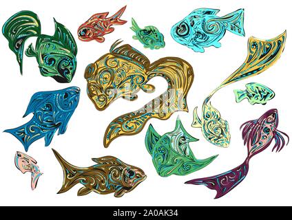 set of abstract fish as decoration isolated on white background Stock Vector