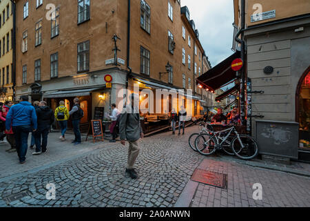 Stockholm, Sweden. September 2019.   view of the typical old streets and shops of the city center at sunset Stock Photo