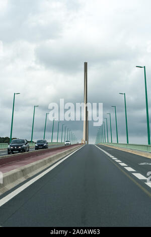 Caudebec-en-Caux, Seine-Maritime / France - 13 August 2019: cars  crossing the Brotonne bridge over the Seine River in Normandy Stock Photo