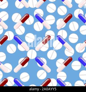 Colorful Pills Seamless Pattern Isolated on Blue Background Stock Vector