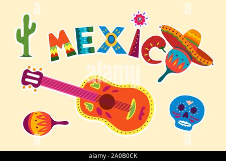Bright colorful stylish traditional Mexican vector illustration about Mexico. Decorative symbol collection of skull flower guitar maracas sombrero. Original latino design illustration Stock Vector