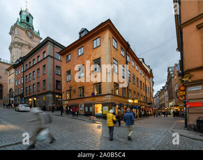 Stockholm, Sweden. September 2019.   view of the typical old streets and shops of the city center at sunset Stock Photo