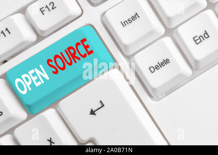 Handwriting text writing Open Source. Conceptual photo denoting software which original source code freely available White pc keyboard with empty note Stock Photo