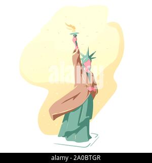 Coat drive project. Statue of Liberty in the winter in a coat. Warm snow background in New York Illustration. Charity before Christmas concept. Izolated on white. Stock Vector