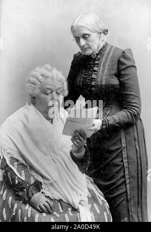 Susan B. Anthony (standing) and Elizabeth Cady Stanton (seated). Susan B. Anthony (February 15, 1820 – March 13, 1906) was an American social reformer and women's rights activist who played a pivotal role in the women's suffrage movement. Born into a Quaker family committed to social equality, she collected anti-slavery petitions at the age of 17. In 1856, she became the New York state agent for the American Anti-Slavery Society.  In 1851, she met Elizabeth Cady Stanton, who became her lifelong friend and co-worker in social reform activities. Stock Photo